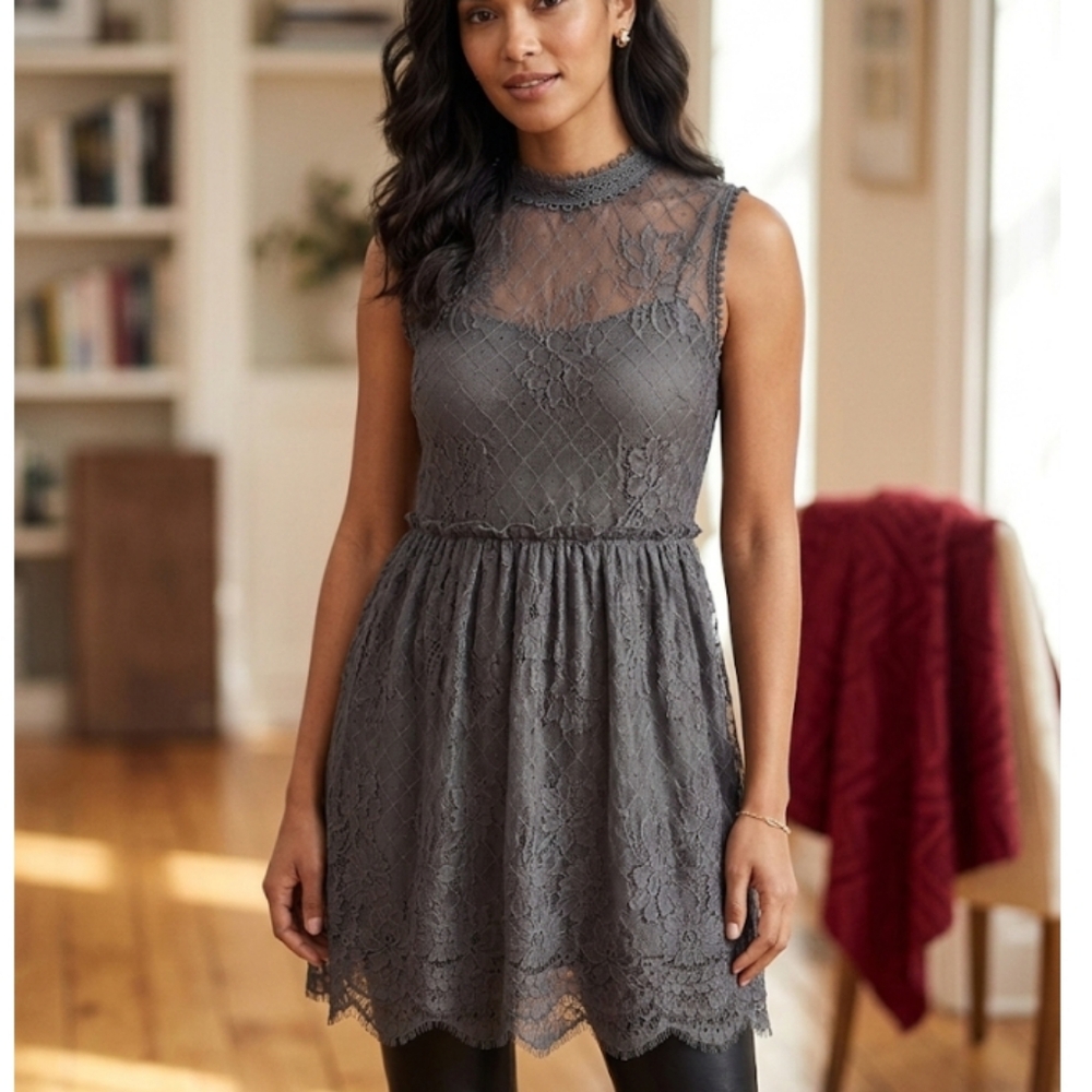 Ultra Pink Gray Lace Sleeveless lace overlay tunic top 20 p2p